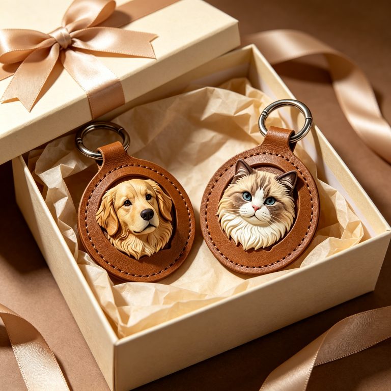 3D leather carved dog and cat keychain set — Golden Retriever and Ragdoll cat