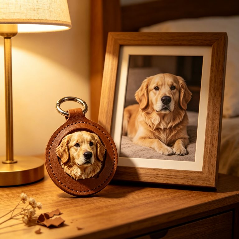 3D leather carved dog and cat keychain set — Golden Retriever and Ragdoll cat