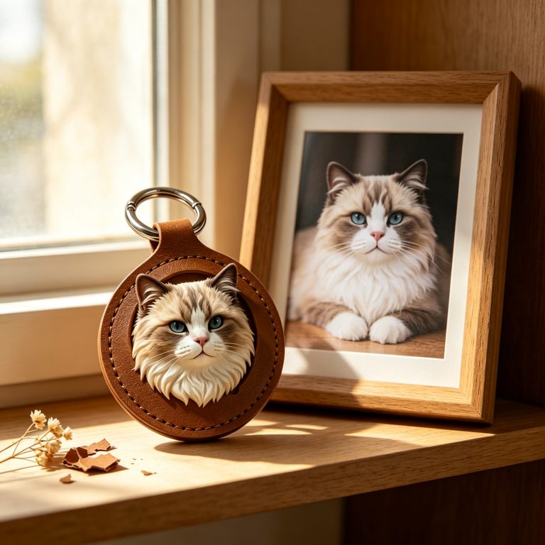 3D leather carved dog and cat keychain set — Golden Retriever and Ragdoll cat