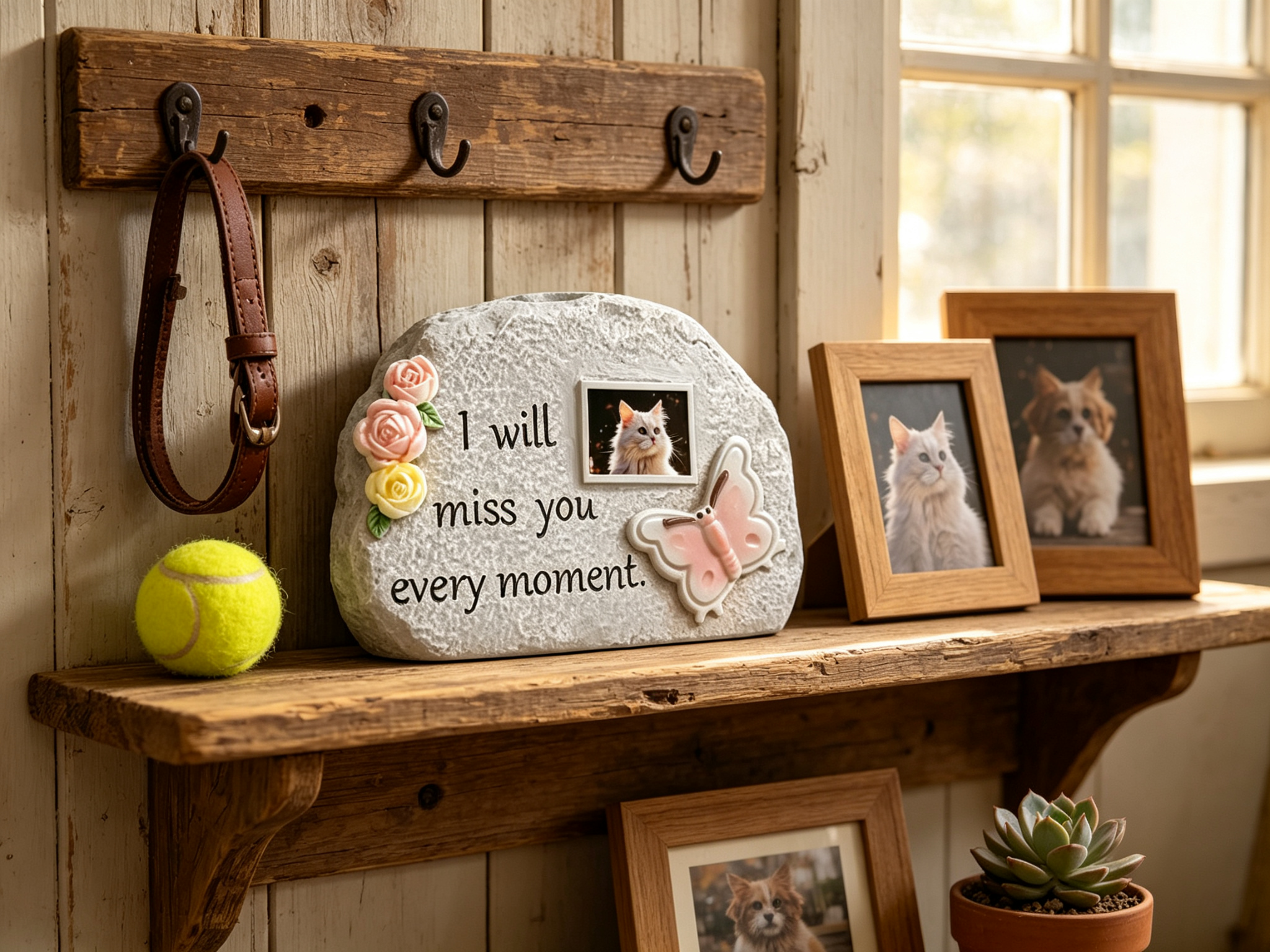 Pet memorial stone on a rustic memory shelf with collar, toy, and pet photos — pet keepsake display